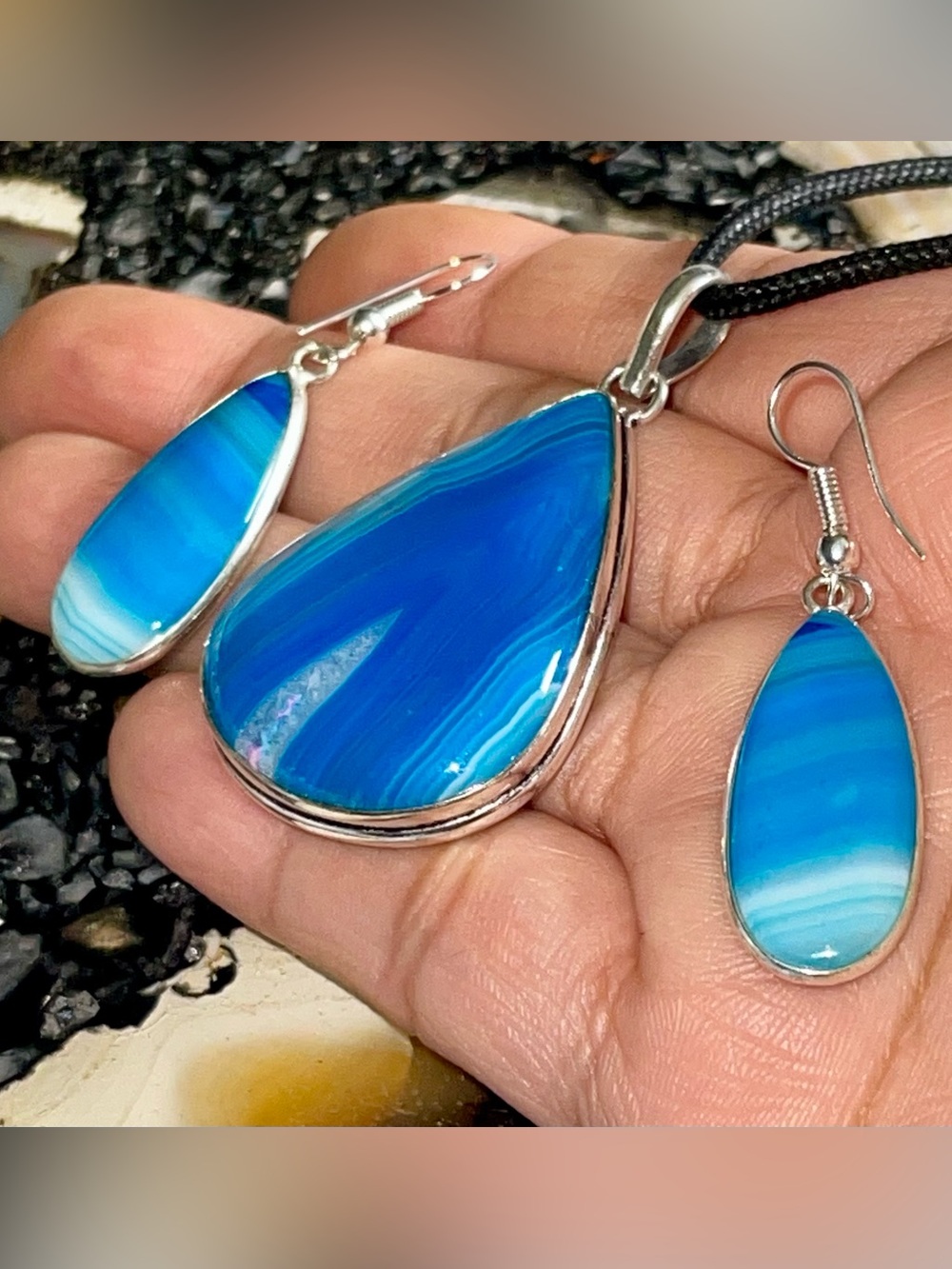 Blue Botswana Lace Agate Pendant & Earrings